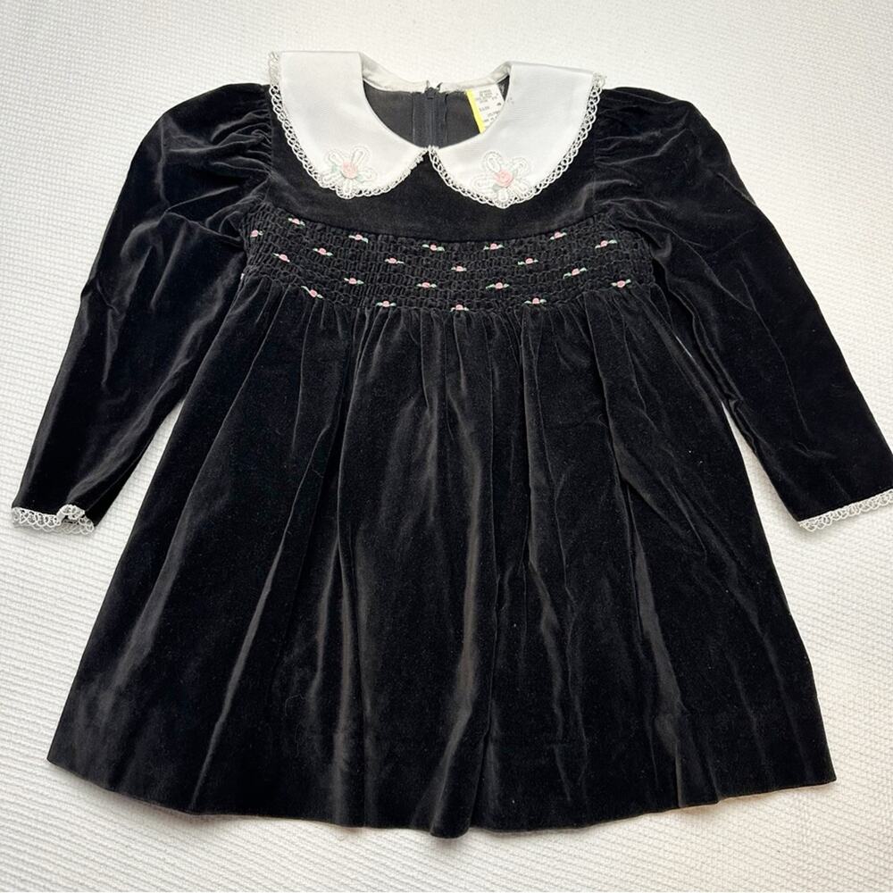 Vintage Smocked Velvet Long Sleeved Peter Pan Collar Dress